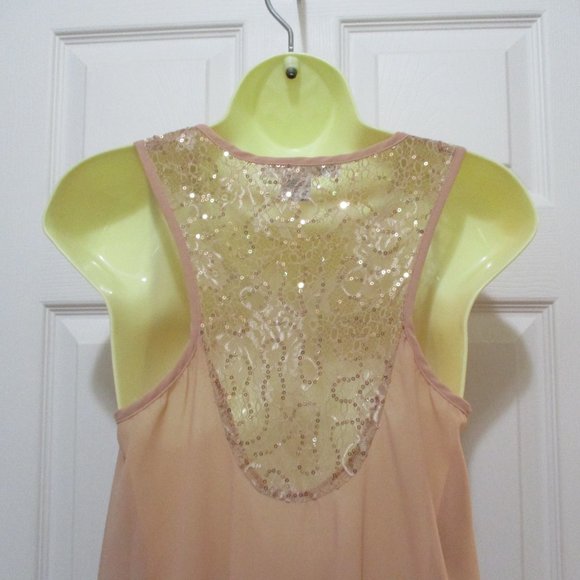 Sheer Chiffon Hi-Lo Tunic Top sz 8 Blush Beige Lace Sequin Boho - Picture 7 of 8